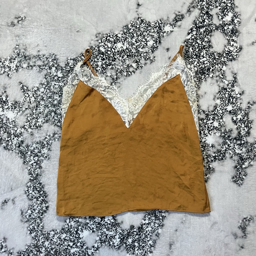 Urban Outfitters‎ Top Womens Sz XS Gold Sleeveless Crop Camisole White Lace Trim